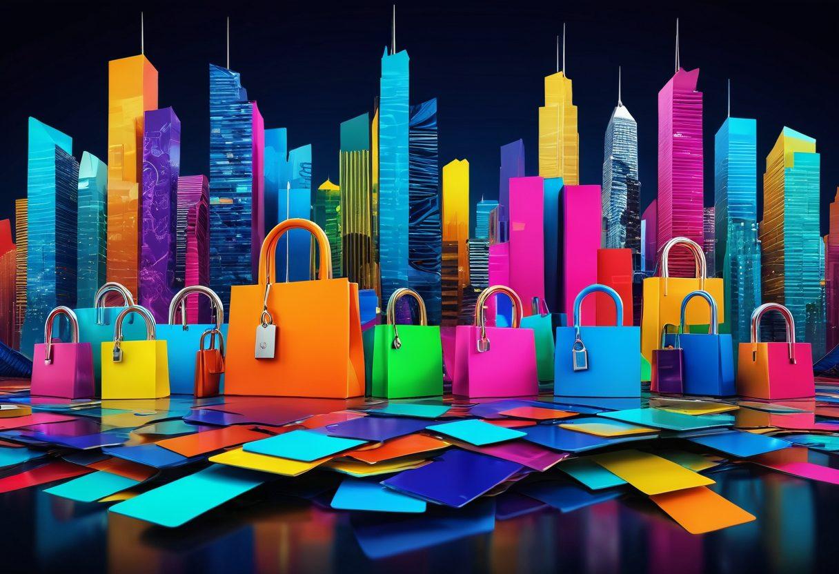 A stylish digital collage depicting a fashion-forward online marketplace, showcasing vibrant clothing items and accessories paired with secure payment icons like padlocks and credit cards. Waves of color flow through the image, symbolizing the dynamic nature of e-business, with models showcasing the latest trends while standing on a digital transaction interface. The background features a sleek, futuristic cityscape reflecting innovation. super-realistic. vibrant colors. 3D.