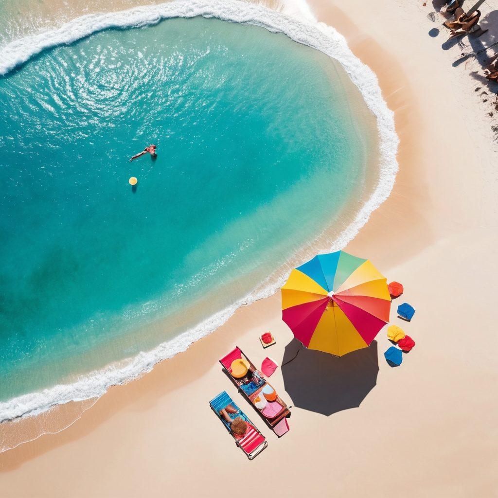 A vibrant beach scene featuring a diverse group of stylish individuals showcasing chic swimwear, with colorful parasols and crystal-clear water in the background. Include elements of online shopping, such as a laptop or tablet with a shopping cart on the screen set on a sandy beach towel. The atmosphere should be lively and inviting, reflecting a fun summer vibe. super-realistic. vibrant colors. white background.